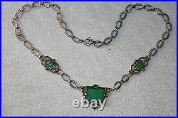 Antique Art Deco Sterling Silver Green Chrysoprase Marcasite Bookchain Necklace