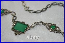 Antique Art Deco Sterling Silver Green Chrysoprase Marcasite Bookchain Necklace