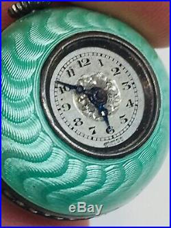 Antique Art Deco Sterling Silver Green Enamel Pendant Ball Watch Necklace