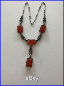Antique Art Deco Sterling Silver Marcasite Carnelian Necklace with Drop 15 1/2