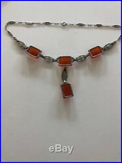 Antique Art Deco Sterling Silver Marcasite Carnelian Necklace with Drop 15 1/2