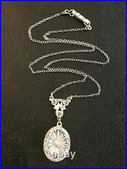 Antique Art Deco Sterling Silver Necklace Diamond Camphor Glass 17.5 4g #1076