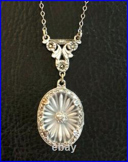 Antique Art Deco Sterling Silver Necklace Diamond Camphor Glass 17.5 4g #1076