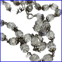 Antique Art Deco Sterling Silver Ornate Faceted Crystal Balls Necklace 26