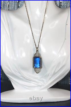 Antique Art Deco Sterling Silver Paperclip Bezel Cobalt Crystal Pendant Necklace