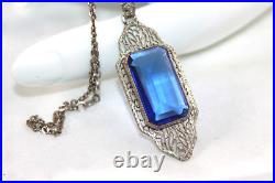 Antique Art Deco Sterling Silver Paperclip Bezel Cobalt Crystal Pendant Necklace