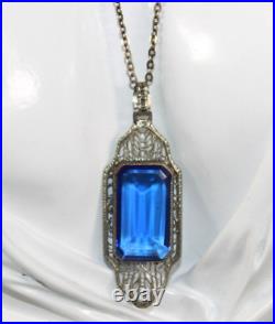 Antique Art Deco Sterling Silver Paperclip Bezel Cobalt Crystal Pendant Necklace