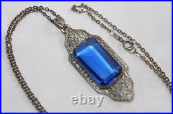 Antique Art Deco Sterling Silver Paperclip Bezel Cobalt Crystal Pendant Necklace