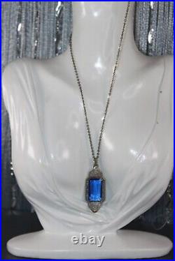 Antique Art Deco Sterling Silver Paperclip Bezel Cobalt Crystal Pendant Necklace