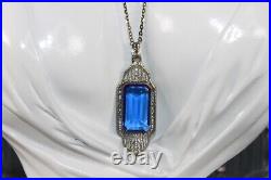 Antique Art Deco Sterling Silver Paperclip Bezel Cobalt Crystal Pendant Necklace