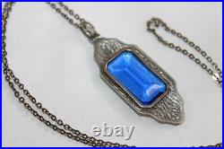 Antique Art Deco Sterling Silver Paperclip Bezel Cobalt Crystal Pendant Necklace