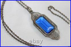 Antique Art Deco Sterling Silver Paperclip Bezel Cobalt Crystal Pendant Necklace