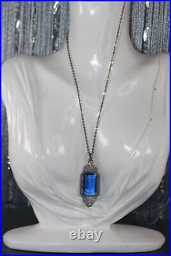 Antique Art Deco Sterling Silver Paperclip Bezel Cobalt Crystal Pendant Necklace