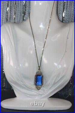 Antique Art Deco Sterling Silver Paperclip Bezel Cobalt Crystal Pendant Necklace