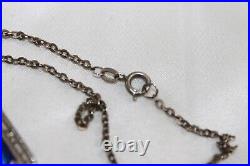 Antique Art Deco Sterling Silver Paperclip Bezel Cobalt Crystal Pendant Necklace