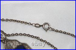 Antique Art Deco Sterling Silver Paperclip Bezel Cobalt Crystal Pendant Necklace