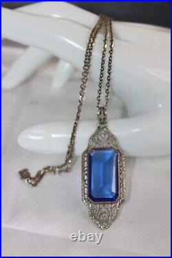 Antique Art Deco Sterling Silver Paperclip Bezel Cobalt Crystal Pendant Necklace