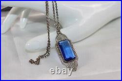 Antique Art Deco Sterling Silver Paperclip Bezel Cobalt Crystal Pendant Necklace