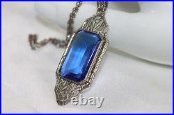 Antique Art Deco Sterling Silver Paperclip Bezel Cobalt Crystal Pendant Necklace