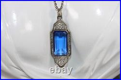 Antique Art Deco Sterling Silver Paperclip Bezel Cobalt Crystal Pendant Necklace