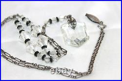 Antique Art Deco Sterling Silver Paperclip Necklace Black Clear Crystal Bead