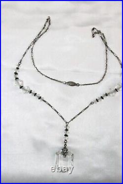 Antique Art Deco Sterling Silver Paperclip Necklace Black Clear Crystal Bead