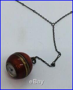 Antique Art Deco Sterling Silver Red Enamel Pendant Ball Watch Necklace