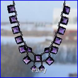 Antique Art Deco Sterling Silver Riviere Amethyst Crystal Glass Bib Necklace