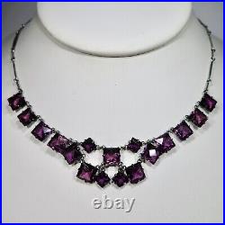 Antique Art Deco Sterling Silver Riviere Amethyst Crystal Glass Bib Necklace