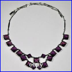 Antique Art Deco Sterling Silver Riviere Amethyst Crystal Glass Bib Necklace