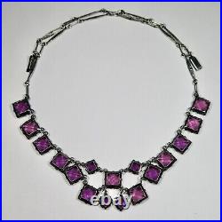 Antique Art Deco Sterling Silver Riviere Amethyst Crystal Glass Bib Necklace