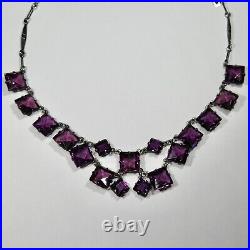 Antique Art Deco Sterling Silver Riviere Amethyst Crystal Glass Bib Necklace