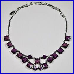 Antique Art Deco Sterling Silver Riviere Amethyst Crystal Glass Bib Necklace