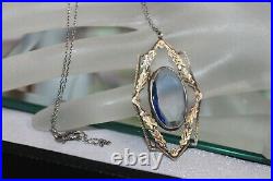 Antique Art Deco Sterling Silver Sapphire Paste Pendant Necklace