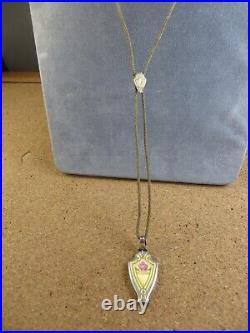 Antique Art Deco Sterling Silver Yellow Enamel Locket Pendant Bolo Necklace #258