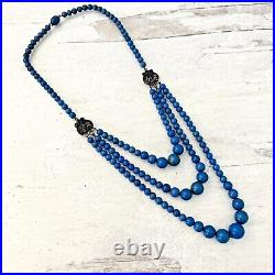 Antique Art Deco Swag Necklace Graduated Blue Beads 3 Strands Silver Filigree