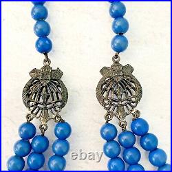 Antique Art Deco Swag Necklace Graduated Blue Beads 3 Strands Silver Filigree