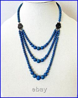 Antique Art Deco Swag Necklace Graduated Blue Beads 3 Strands Silver Filigree