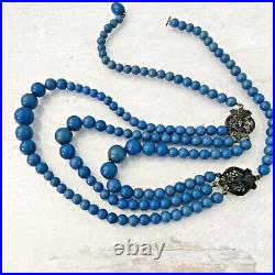 Antique Art Deco Swag Necklace Graduated Blue Beads 3 Strands Silver Filigree