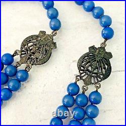 Antique Art Deco Swag Necklace Graduated Blue Beads 3 Strands Silver Filigree