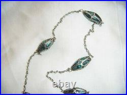 Antique Art Deco Turquoise Mosaic Beads Chain 44 Long Flapper Vintage Necklace