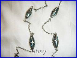 Antique Art Deco Turquoise Mosaic Beads Chain 44 Long Flapper Vintage Necklace