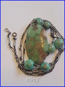 Antique Art Deco Turquoise Paperclip Chain Necklace 26in