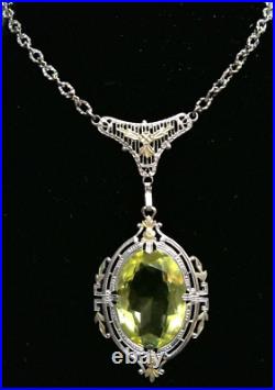 Antique Art Deco Vaseline Uranium Glass Yellow Black Hills Pendant Necklace 16