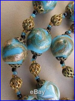 Antique Art Deco Venetian Aventurine Feather Fancy Glass Trade Beads Necklace