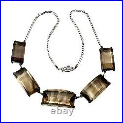 Antique Art Deco Vintage Faceted Smoky Quartz Sterling Silver Necklace Estate