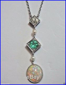 Antique Art Deco Vintage Opal Colombian Emerald Diamond Platinum Necklace 16.25