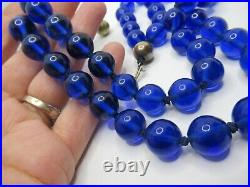 Antique Art Deco cobalt blue large glass bead necklace double strand 16 in 10 mm