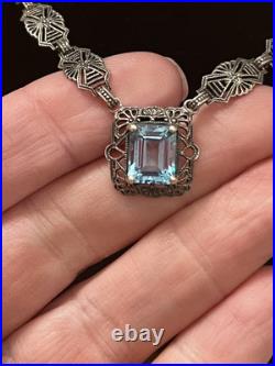 Antique Art Deco filigree Blue Topaz Necklace 16