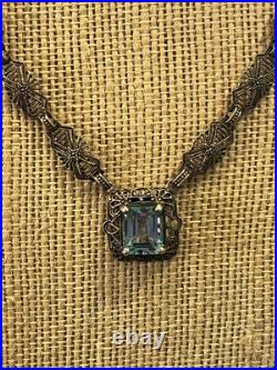 Antique Art Deco filigree Blue Topaz Necklace 16